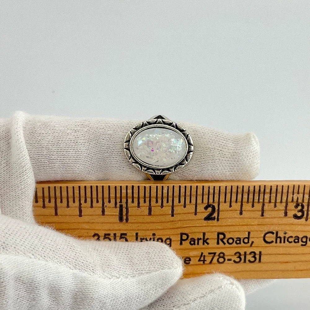 Faux Opal Ring, Size 6.25, Confetti Resin Opal, Lab Created, BoHo, Antiqued